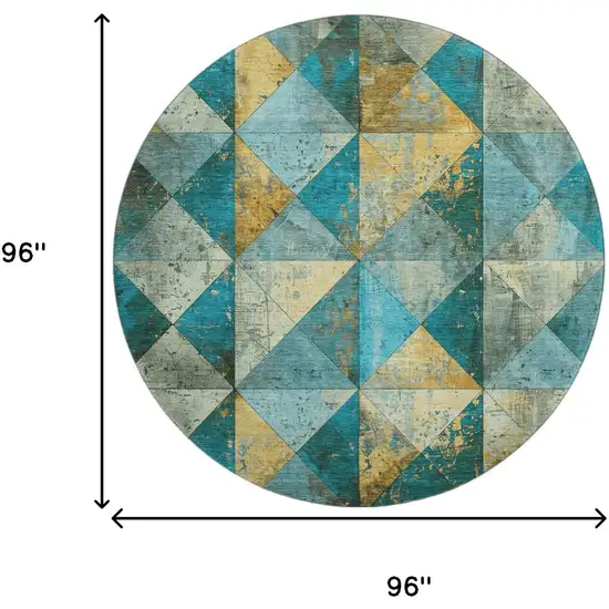8' Teal Gold And Ivory Geometric Washable Round Rug With UV Protection Photo 8