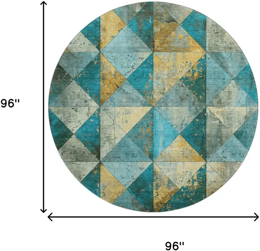 8' Teal Gold And Ivory Geometric Washable Round Rug With UV Protection Photo 8