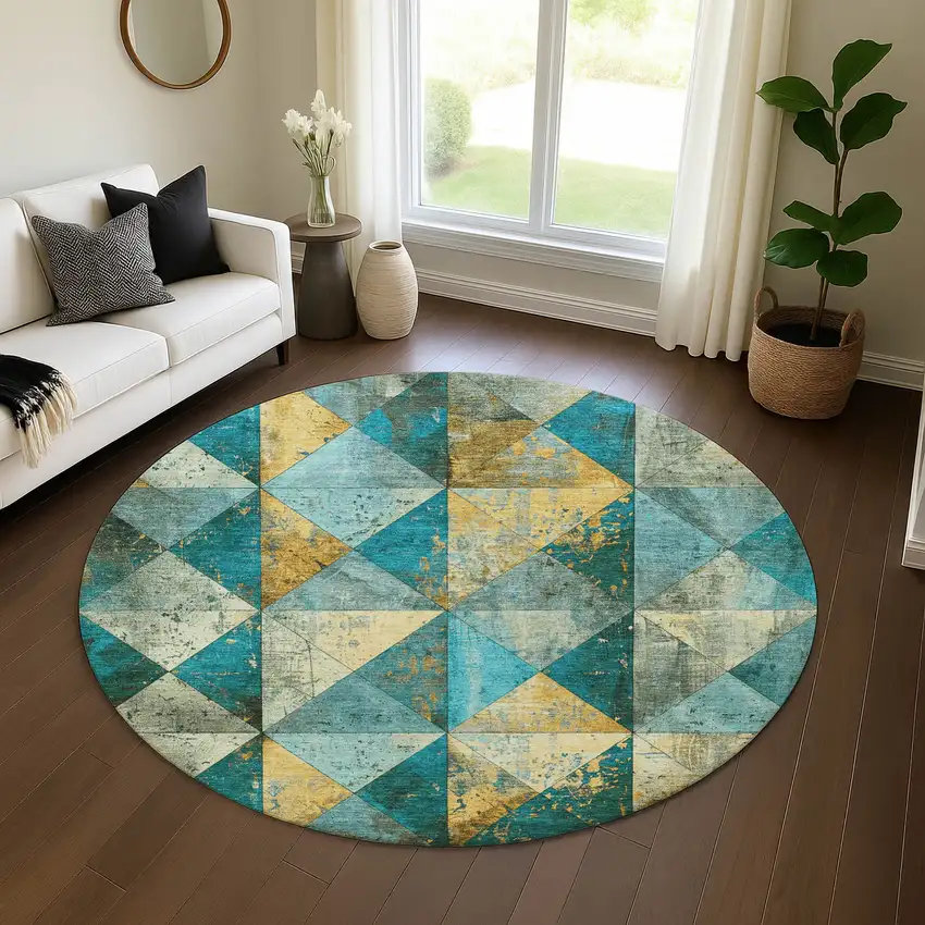 8' Teal Gold And Ivory Geometric Washable Round Rug With UV Protection Photo 3
