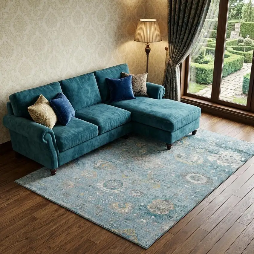 8' Teal Gold And Ivory Oriental Washable Area Rug With UV Protection Photo 1