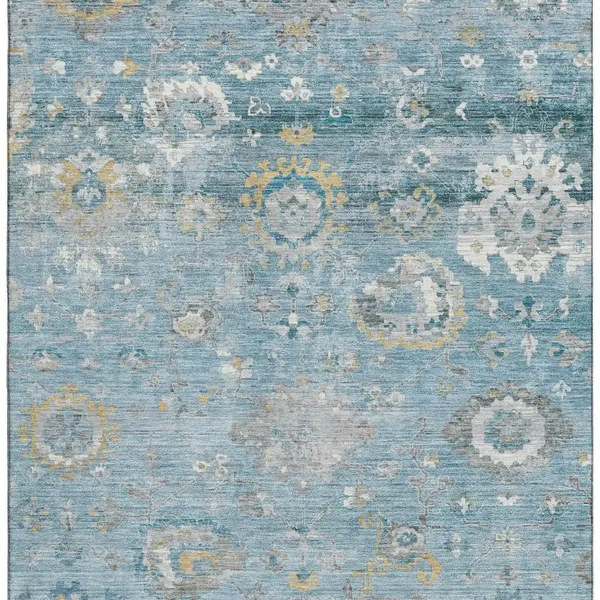 8' Teal Gold And Ivory Oriental Washable Area Rug With UV Protection Photo 3