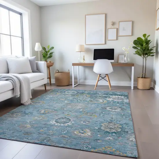 8' Teal Gold And Ivory Oriental Washable Area Rug With UV Protection Photo 4