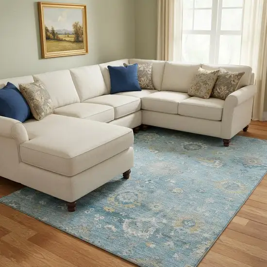 8' Teal Gold And Ivory Oriental Washable Area Rug With UV Protection Photo 2