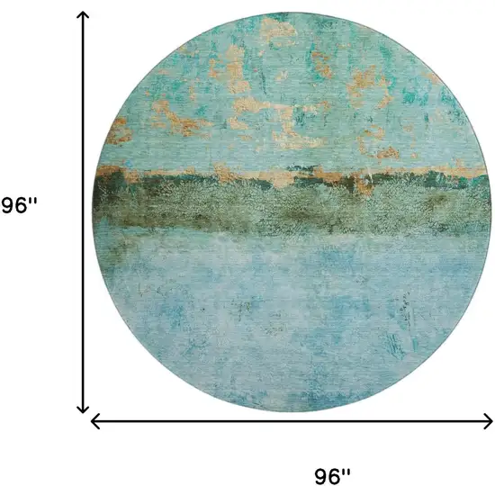 8' Teal Gold And Olive Green Abstract Washable Round Rug With UV Protection Photo 9