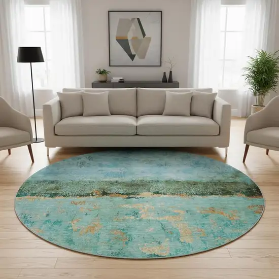 8' Teal Gold And Olive Green Abstract Washable Round Rug With UV Protection Photo 2