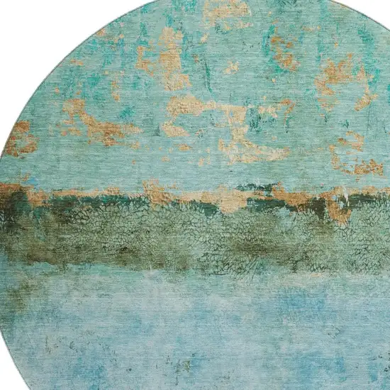 8' Teal Gold And Olive Green Abstract Washable Round Rug With UV Protection Photo 2