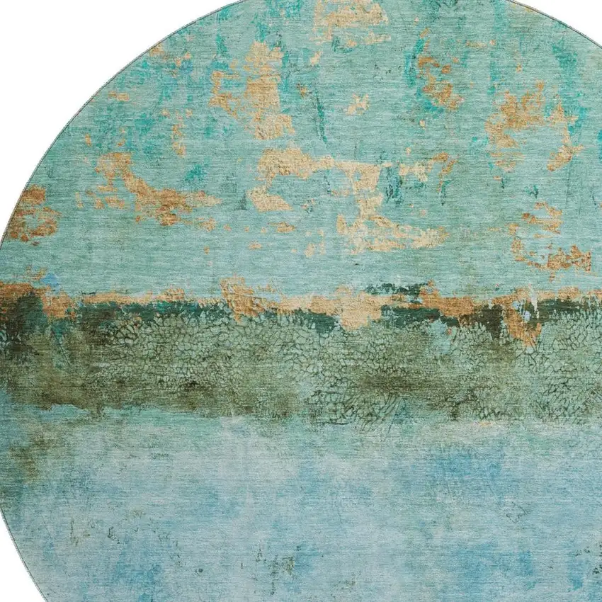 8' Teal Gold And Olive Green Abstract Washable Round Rug With UV Protection Photo 2