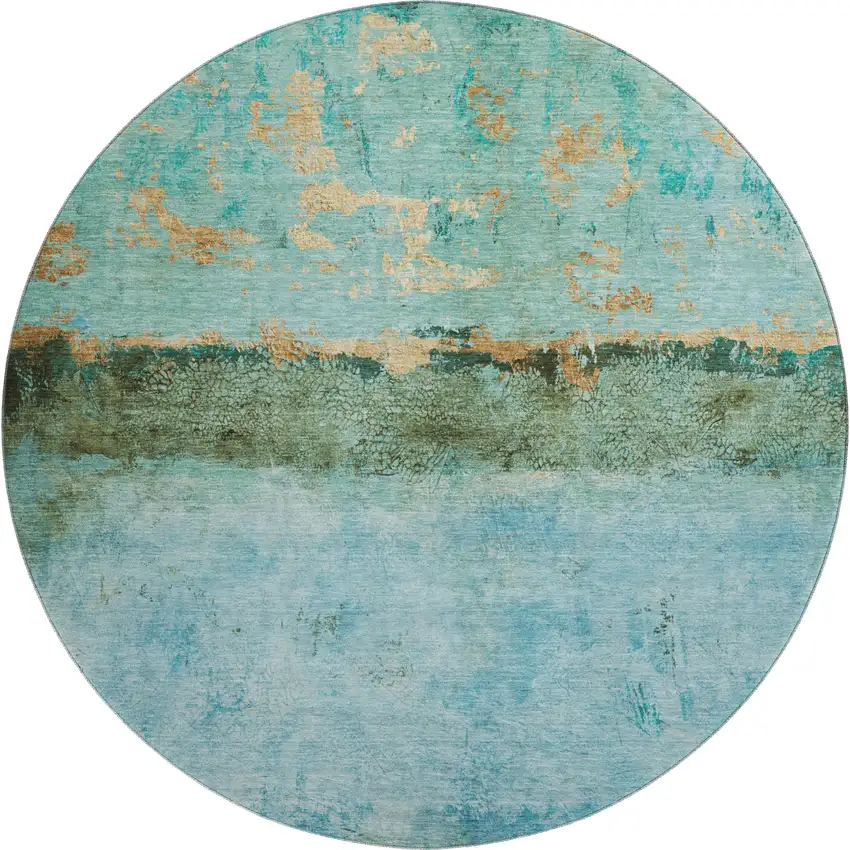8' Teal Gold And Olive Green Abstract Washable Round Rug With UV Protection Photo 1