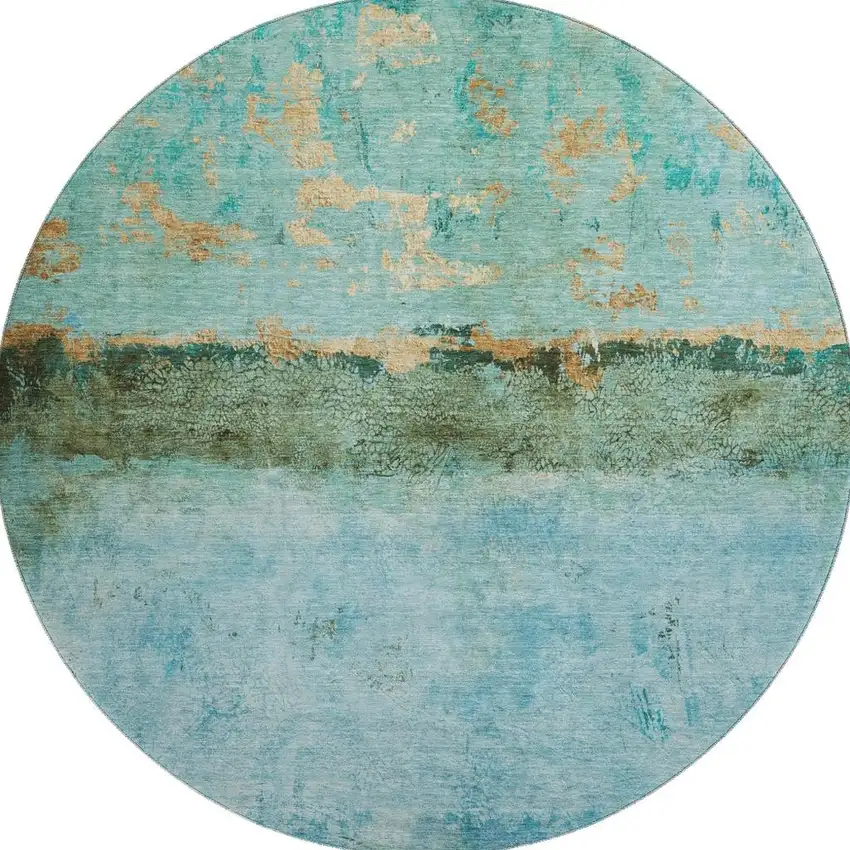 8' Teal Gold And Olive Green Abstract Washable Round Rug With UV Protection Photo 3