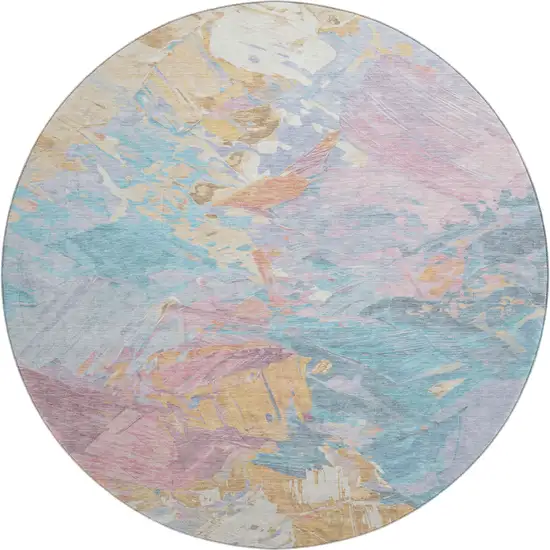 8' Teal Gold And Pink Abstract Washable Round Rug With UV Protection Photo 1