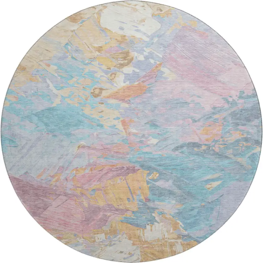 8' Teal Gold And Pink Abstract Washable Round Rug With UV Protection Photo 1