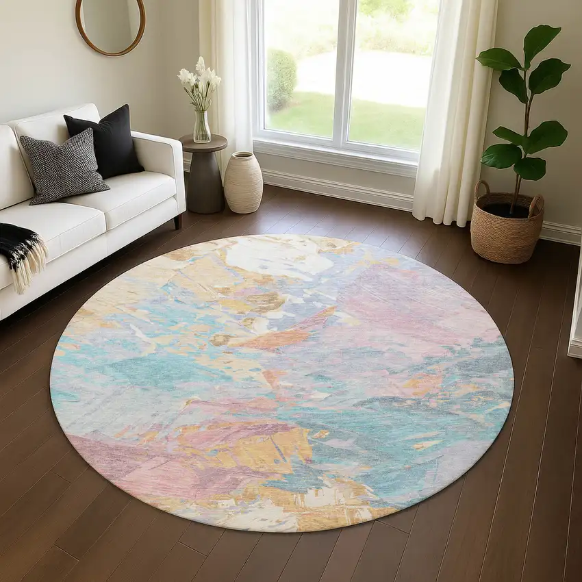 8' Teal Gold And Pink Abstract Washable Round Rug With UV Protection Photo 4