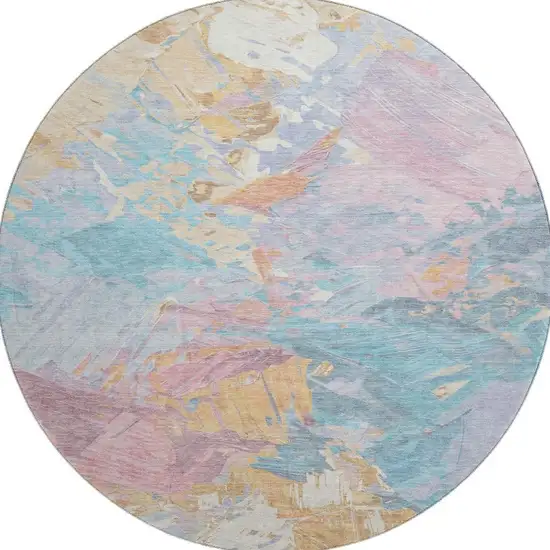 8' Teal Gold And Pink Abstract Washable Round Rug With UV Protection Photo 2