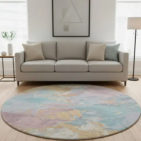8' Teal Gold And Pink Abstract Washable Round Rug With UV Protection Photo 2