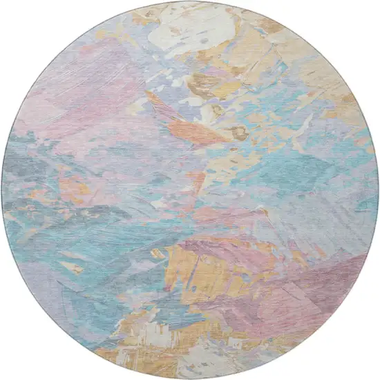 8' Teal Gold And Pink Abstract Washable Round Rug With UV Protection Photo 3