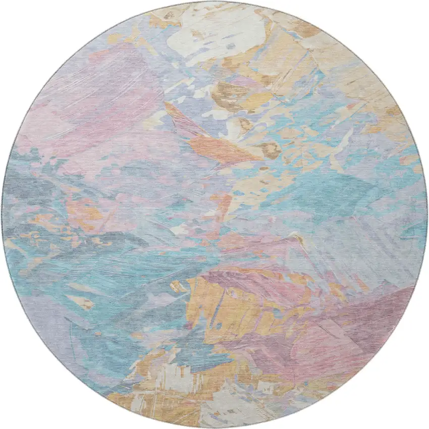 8' Teal Gold And Pink Abstract Washable Round Rug With UV Protection Photo 3