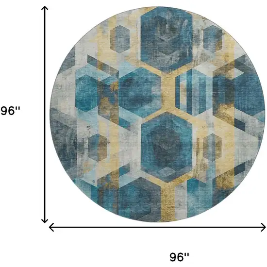 8' Teal Gold And Silver Geometric Washable Round Rug With UV Protection Photo 9
