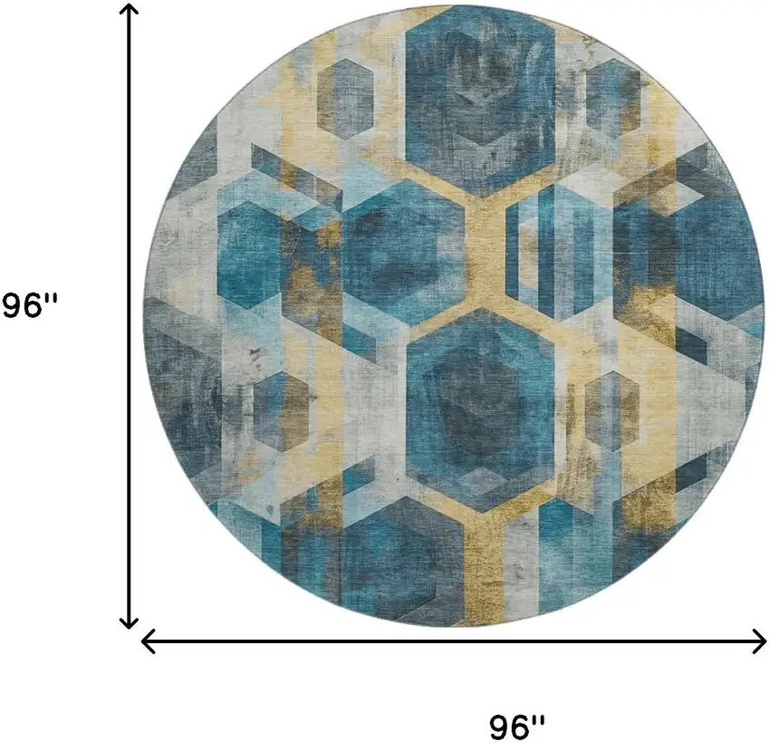 8' Teal Gold And Silver Geometric Washable Round Rug With UV Protection Photo 9