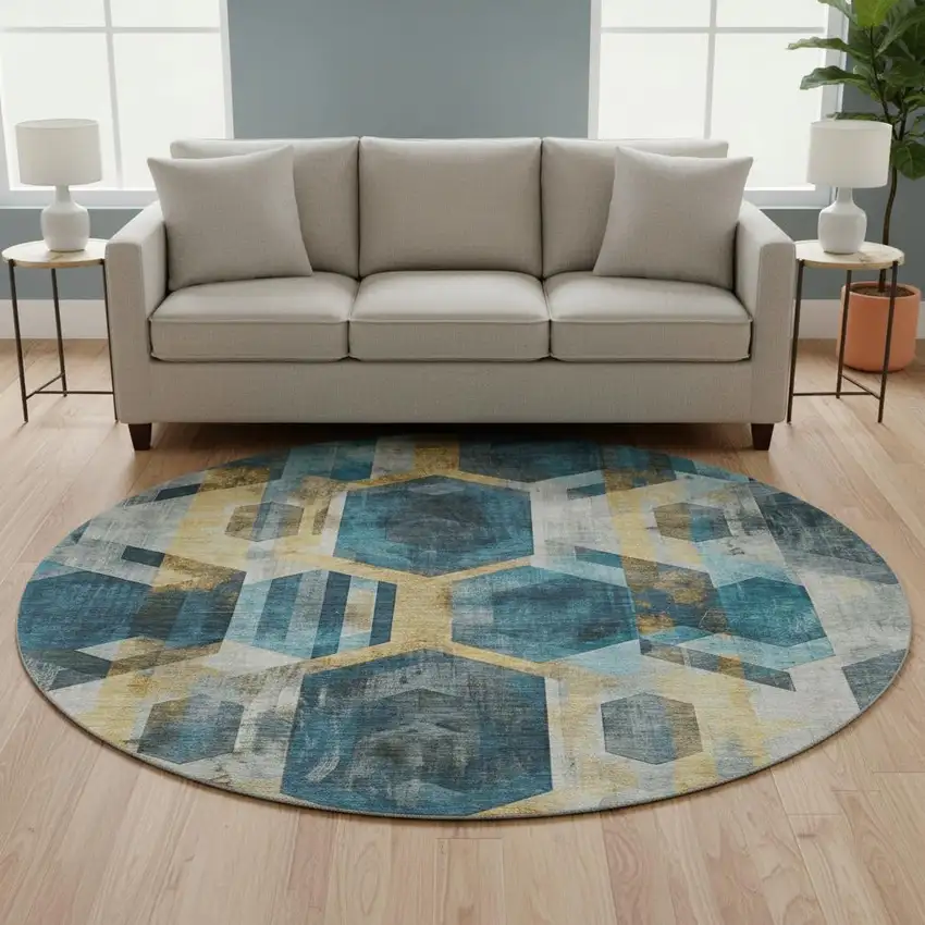 8' Teal Gold And Silver Geometric Washable Round Rug With UV Protection Photo 2
