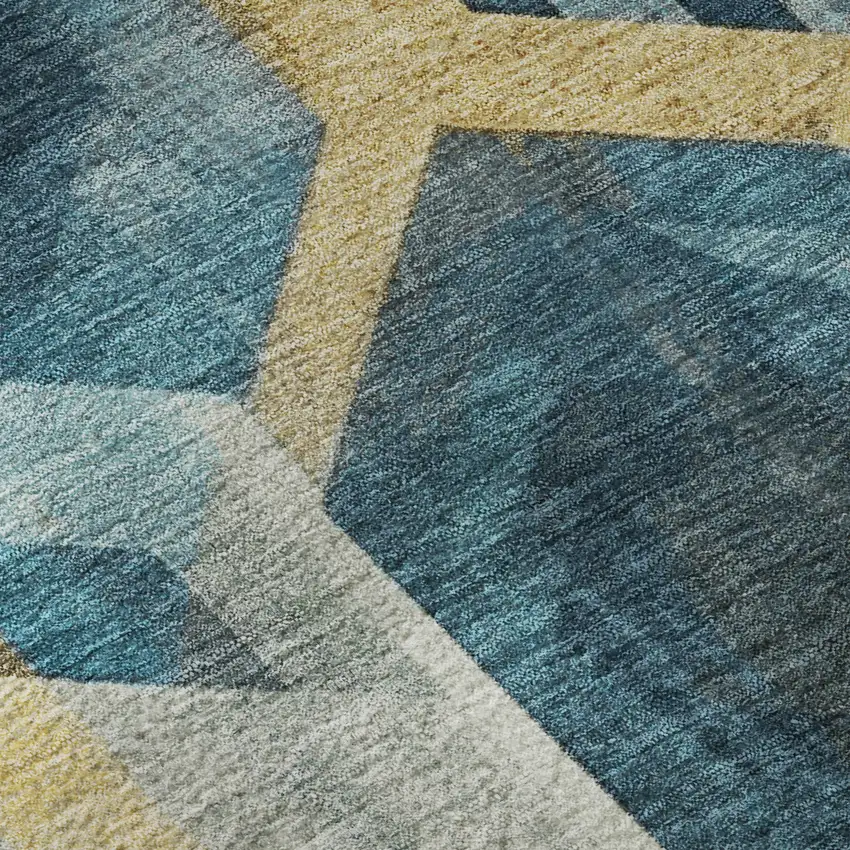 8' Teal Gold And Silver Geometric Washable Round Rug With UV Protection Photo 8