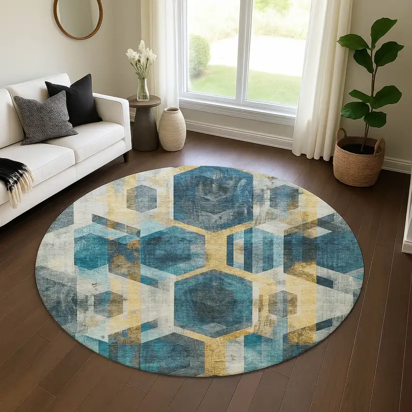 8' Teal Gold And Silver Geometric Washable Round Rug With UV Protection Photo 4
