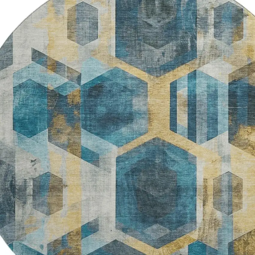 8' Teal Gold And Silver Geometric Washable Round Rug With UV Protection Photo 2