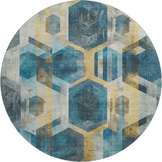 8' Teal Gold And Silver Geometric Washable Round Rug With UV Protection Photo 1