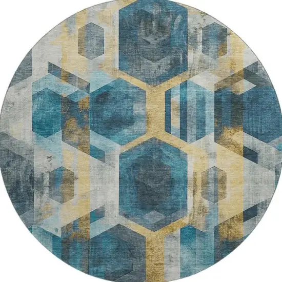8' Teal Gold And Silver Geometric Washable Round Rug With UV Protection Photo 3