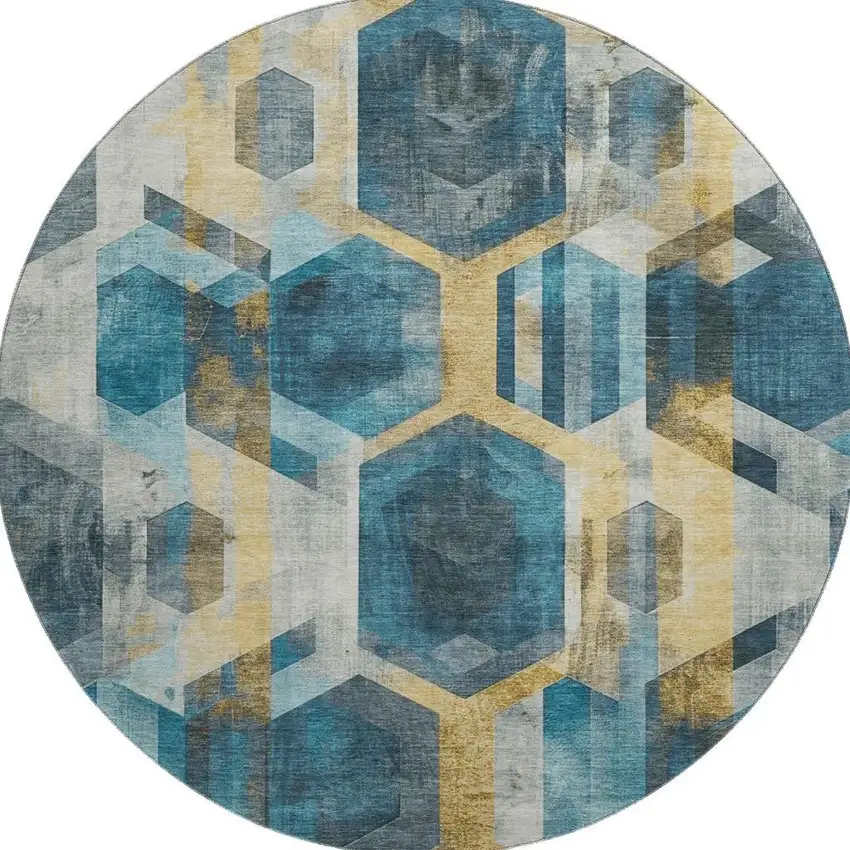 8' Teal Gold And Silver Geometric Washable Round Rug With UV Protection Photo 3