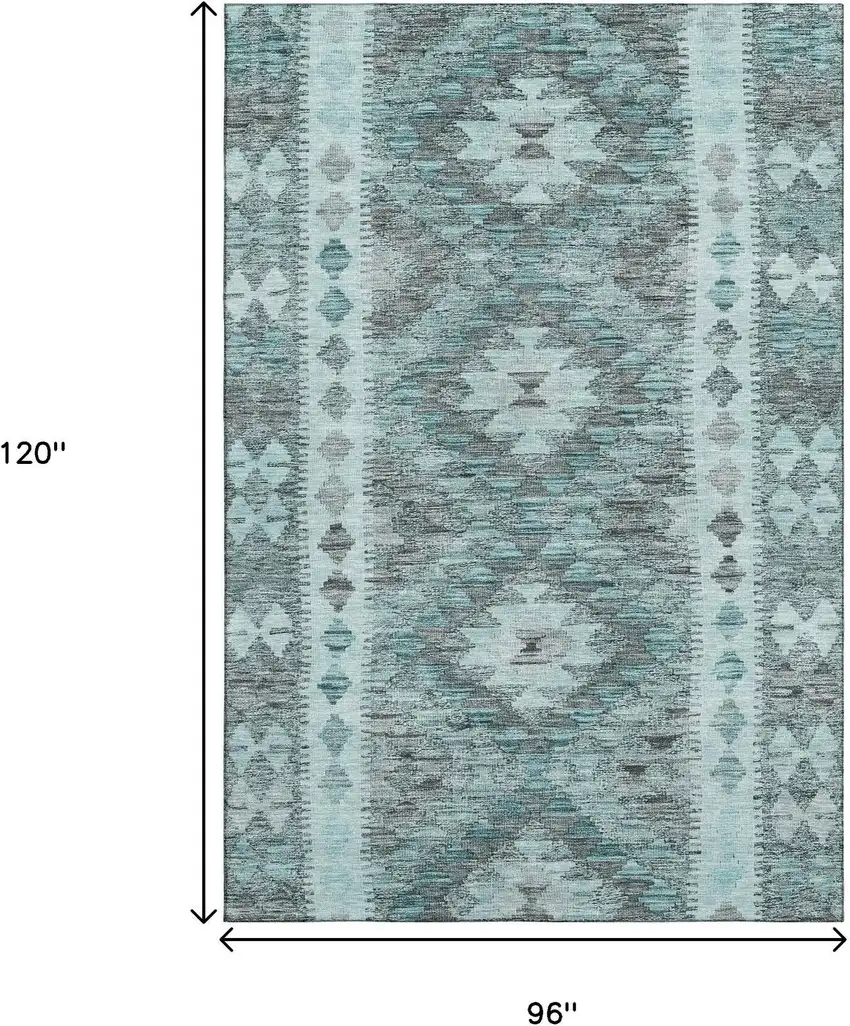8' Teal Gray And Aqua Geometric Washable Area Rug With UV Protection Photo 8