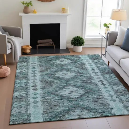 8' Teal Gray And Aqua Geometric Washable Area Rug With UV Protection Photo 5