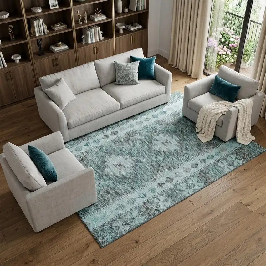 8' Teal Gray And Aqua Geometric Washable Area Rug With UV Protection Photo 1