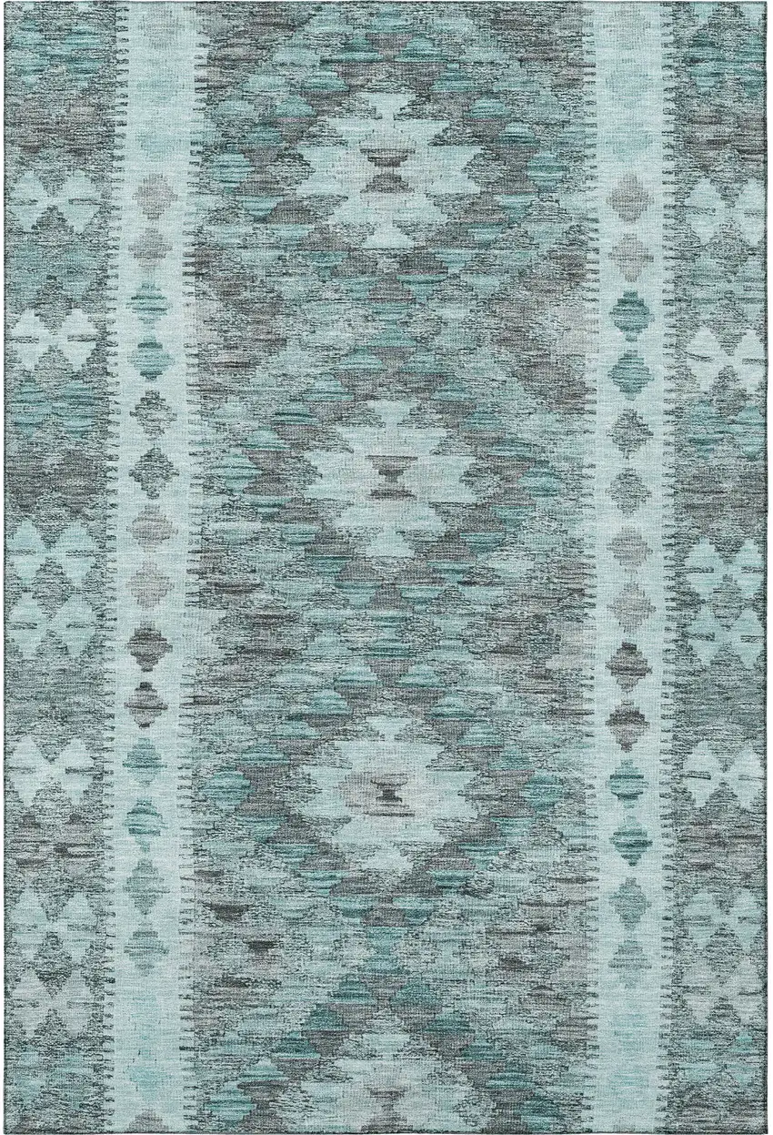 8' Teal Gray And Aqua Geometric Washable Area Rug With UV Protection Photo 4