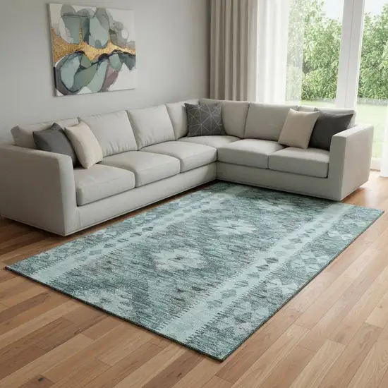 8' Teal Gray And Aqua Geometric Washable Area Rug With UV Protection Photo 2