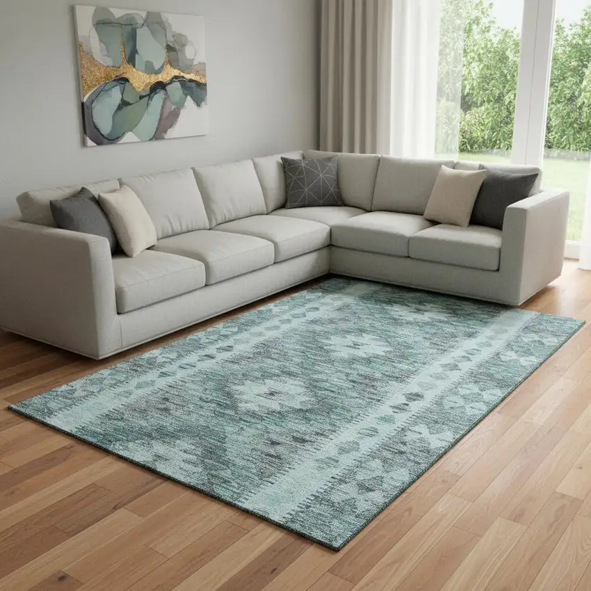 8' Teal Gray And Aqua Geometric Washable Area Rug With UV Protection Photo 2