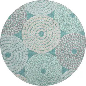 Photo of 8' Teal Gray And Beige Geometric Washable Round Rug With UV Protection
