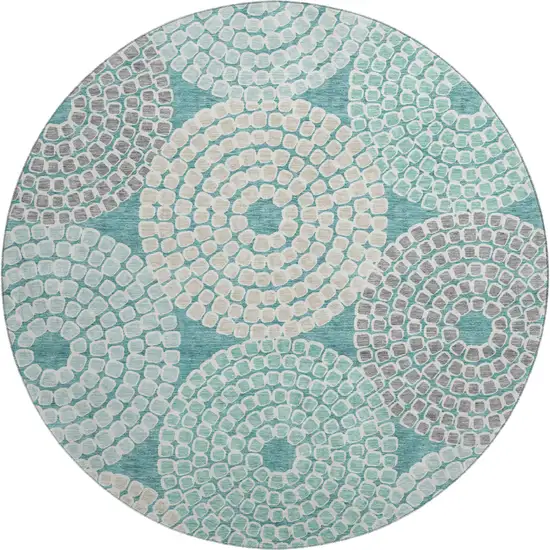 8' Teal Gray And Beige Geometric Washable Round Rug With UV Protection Photo 1