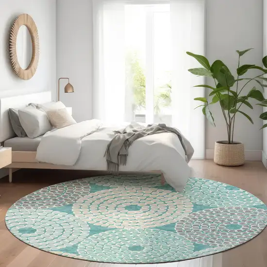 8' Teal Gray And Beige Geometric Washable Round Rug With UV Protection Photo 5