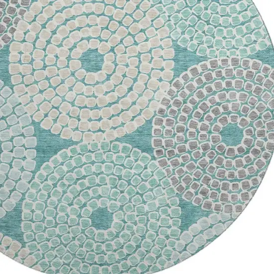8' Teal Gray And Beige Geometric Washable Round Rug With UV Protection Photo 3
