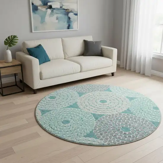 8' Teal Gray And Beige Geometric Washable Round Rug With UV Protection Photo 2