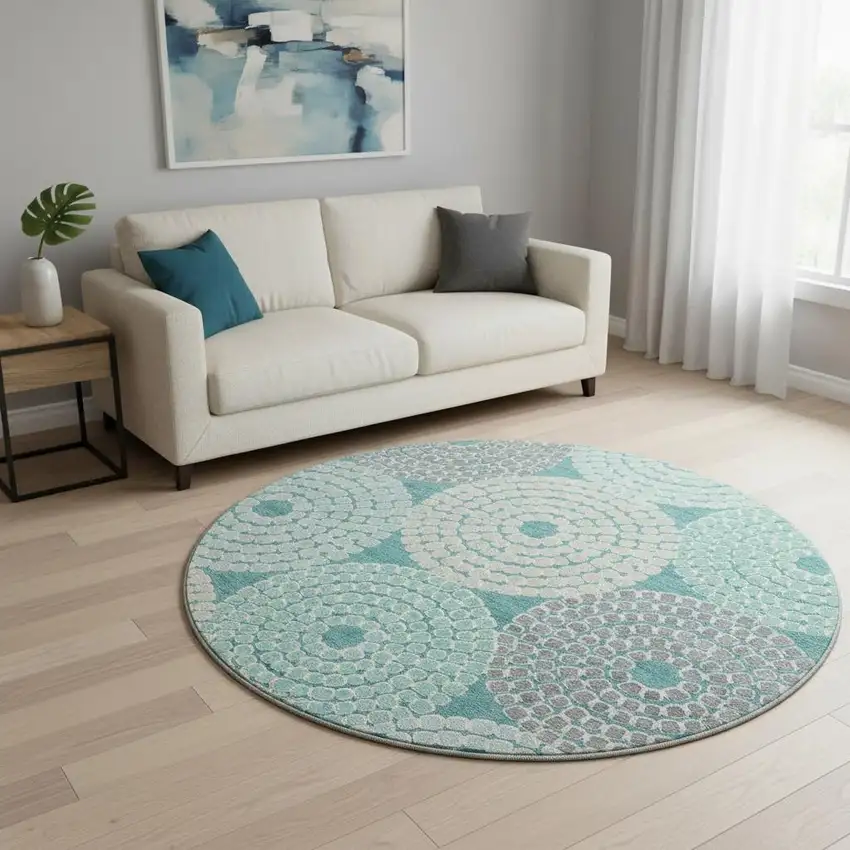 8' Teal Gray And Beige Geometric Washable Round Rug With UV Protection Photo 2