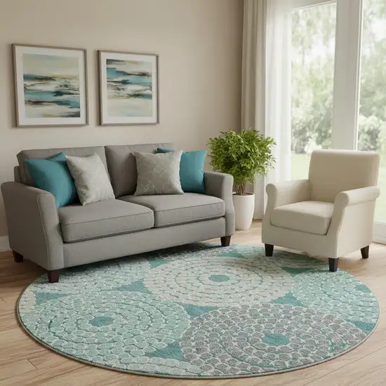 8' Teal Gray And Beige Geometric Washable Round Rug With UV Protection Photo 1