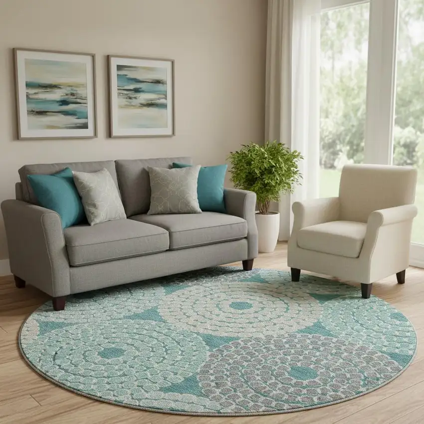 8' Teal Gray And Beige Geometric Washable Round Rug With UV Protection Photo 1