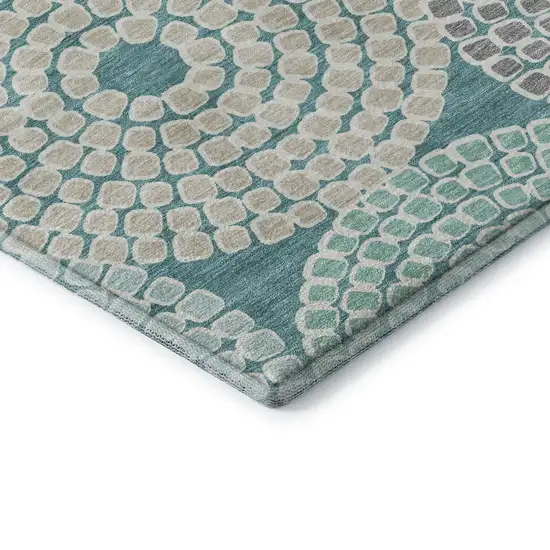 8' Teal Gray And Beige Geometric Washable Round Rug With UV Protection Photo 7