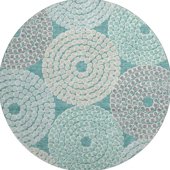 8' Teal Gray And Beige Geometric Washable Round Rug With UV Protection Photo 4