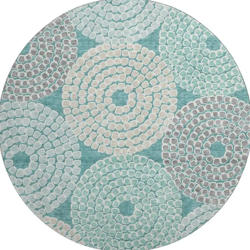 8' Teal Gray And Beige Geometric Washable Round Rug With UV Protection Photo 4