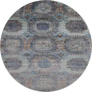 Photo of 8' Teal Gray And Blue Abstract Geometric Washable Round Rug With UV Protection