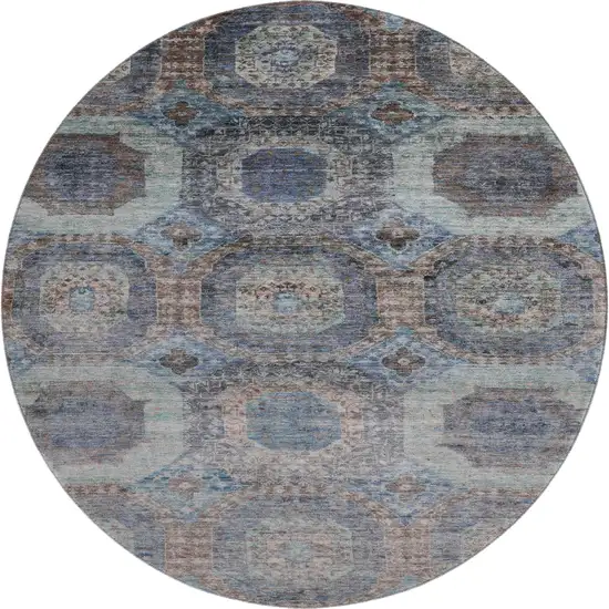 8' Teal Gray And Blue Abstract Geometric Washable Round Rug With UV Protection Photo 1