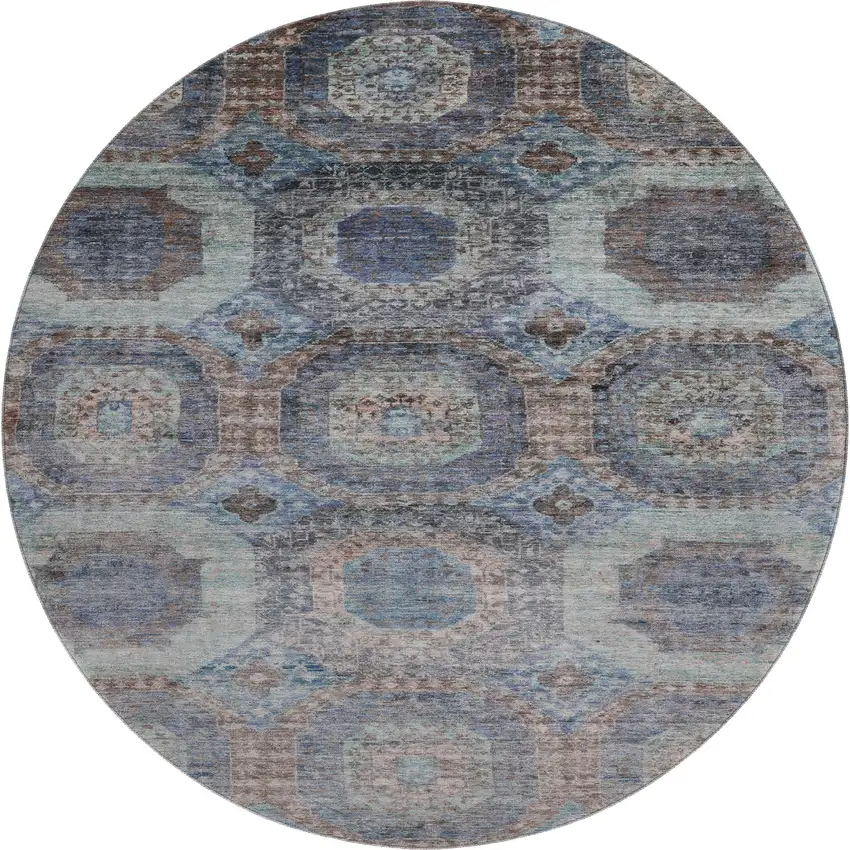 8' Teal Gray And Blue Abstract Geometric Washable Round Rug With UV Protection Photo 1