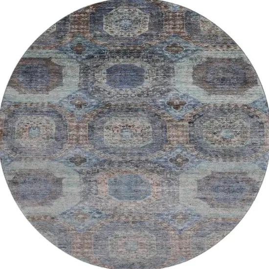 8' Teal Gray And Blue Abstract Geometric Washable Round Rug With UV Protection Photo 4
